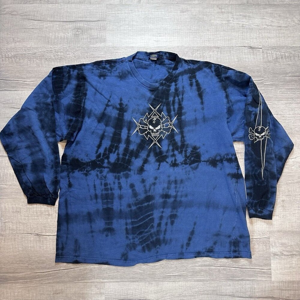 Vintage Y2K Extreme Limit Skull & Bones Long Sleeve Shirt Size XL Blue Tie Dye